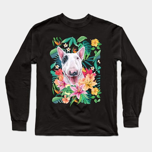 Tropical White and Black Bull Terrier Long Sleeve T-Shirt by LulululuPainting